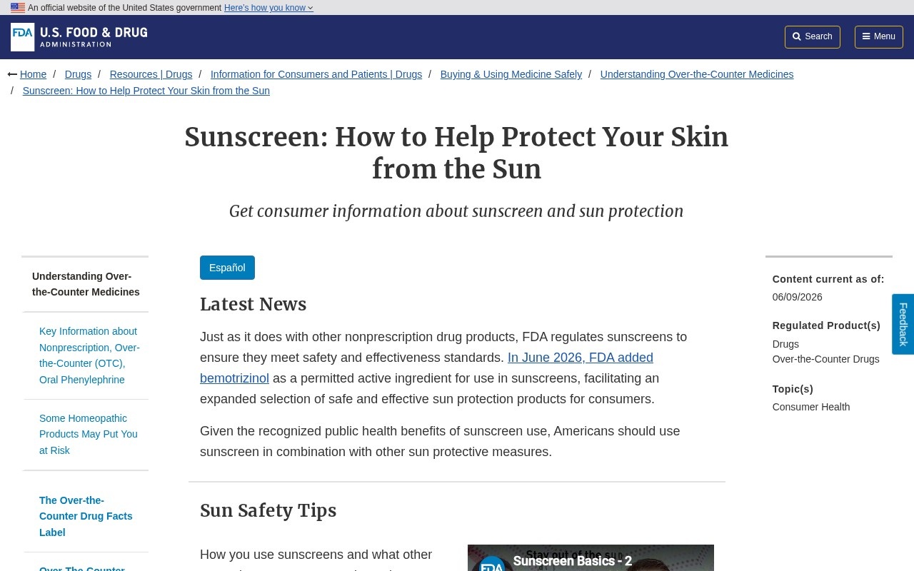 The FDA consumer page carries the decision directly: "In June 2026, FDA added bemotrizinol as a permitted active ingredient for use in sunscreens." Captured 8 September 2026.